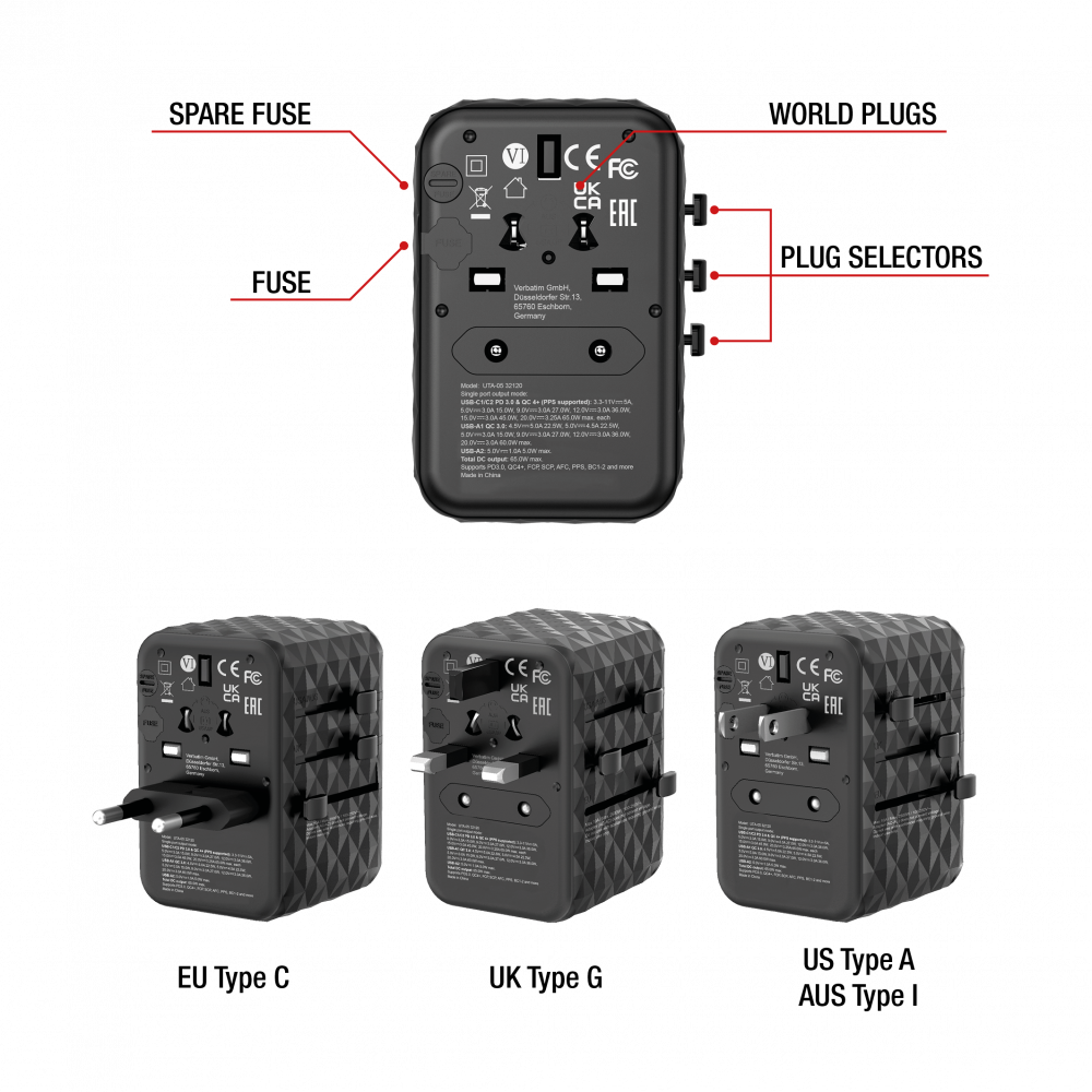 GaN III-Universal-Reiseadapter UTA-05 mit 2 x USB-C PD und QC 4+ und 2 x USB-A-Anschlüssen