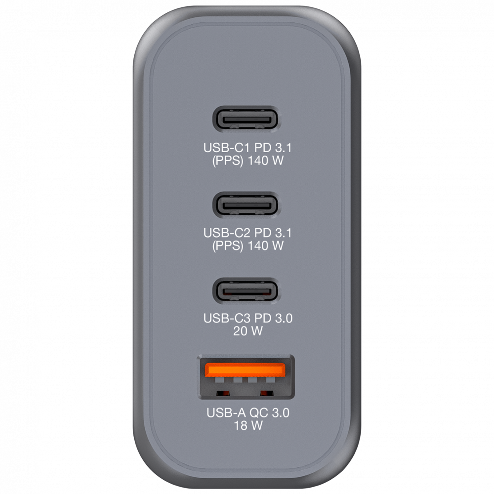 140-W-GaN-Ladegerät mit 4 Anschlüssen 2 x USB-C® PD 140 W/1 x USB-C® PD 20 W/1 x USB-A QC 3.0 (EU/UK/US)