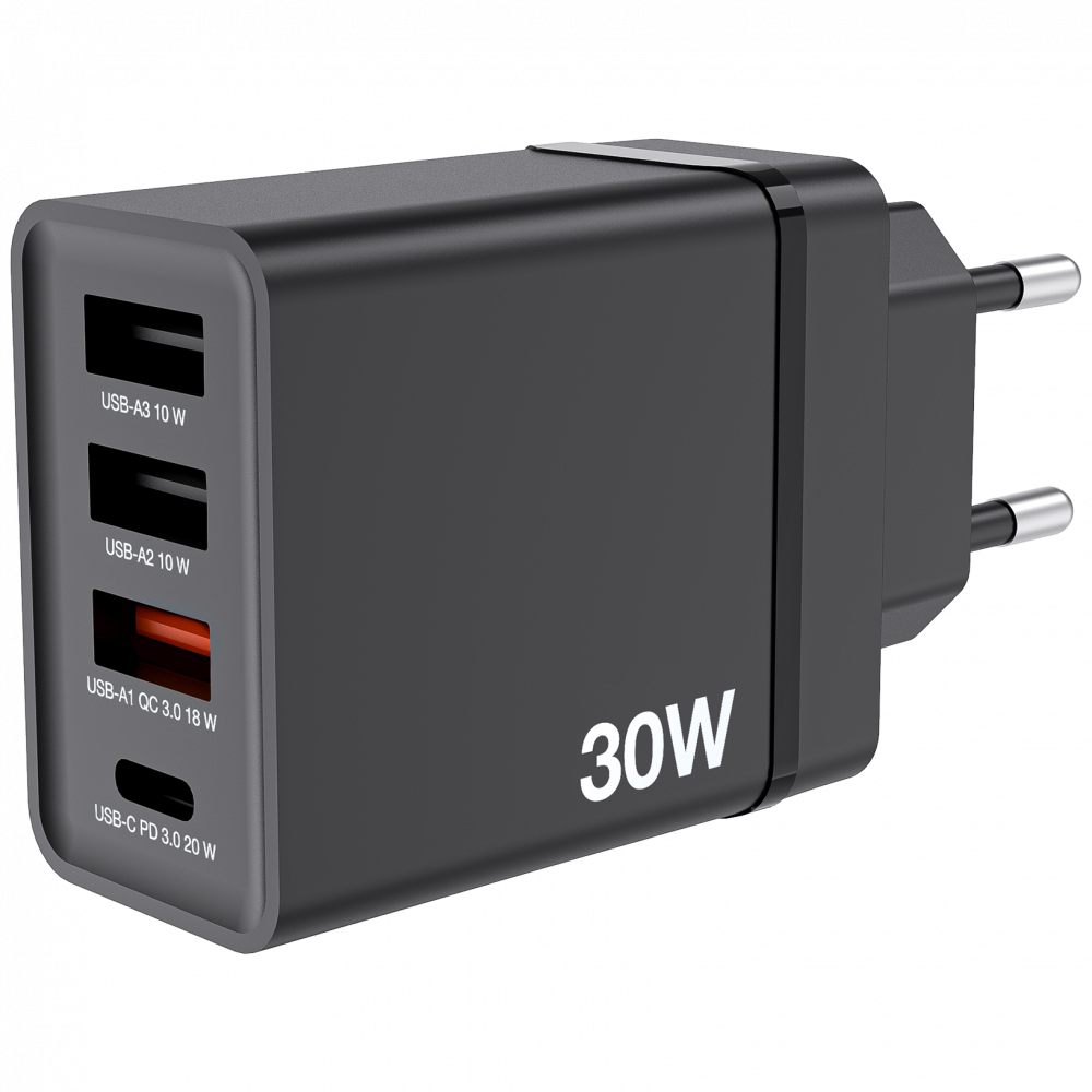 30 W USB-Wandladegerät mit 4 Anschlüssen – Schwarz 1 x USB-C® PD 20 W/1 x USB-A QC 3.0/2 x USB-A 10 W (EU)