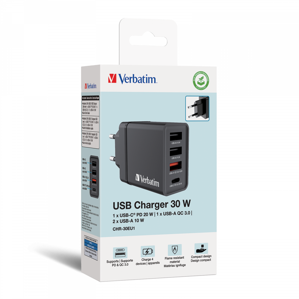 30 W USB-Wandladegerät mit 4 Anschlüssen – Schwarz 1 x USB-C® PD 20 W/1 x USB-A QC 3.0/2 x USB-A 10 W (EU)
