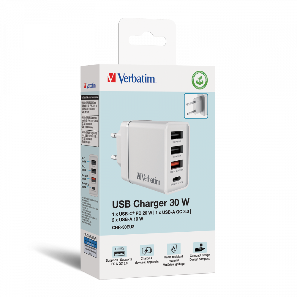 30 W USB-Wandladegerät mit 4 Anschlüssen – Weiß 1 x USB-C® PD 20 W/1 x USB-A QC 3.0/2 x USB-A 10 W (EU)